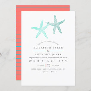 Convites Turquesa e Coral temem Casamento de Praia