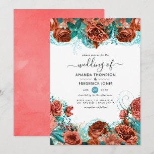 Convites Turquesa e Coral Vivo Casamento Floral Rústico