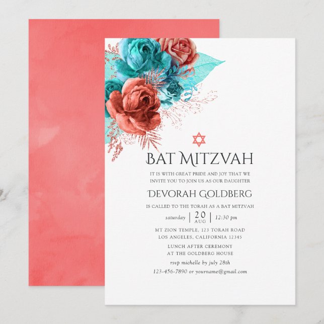 Convites Turquesa e Coral Vivo Floral Bat Mitzvah (Frente/Verso)