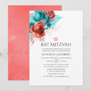Convites Turquesa e Coral Vivo Floral Bat Mitzvah