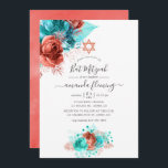 Convites Turquesa e Coral Watercolor Bat Floral Mitzvah<br><div class="desc">Rosas de tartaruga e coral e o convite de morcego mitzvah de folhagem foliar tropical faux com elegante tipografia de escrita manual.</div>