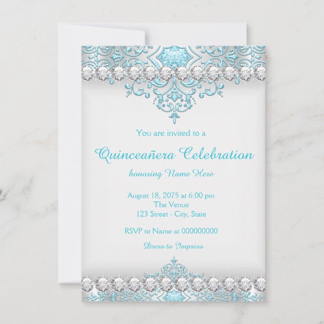 Convites Turquesa e Diamante de Prata Quinceanera (Frente)