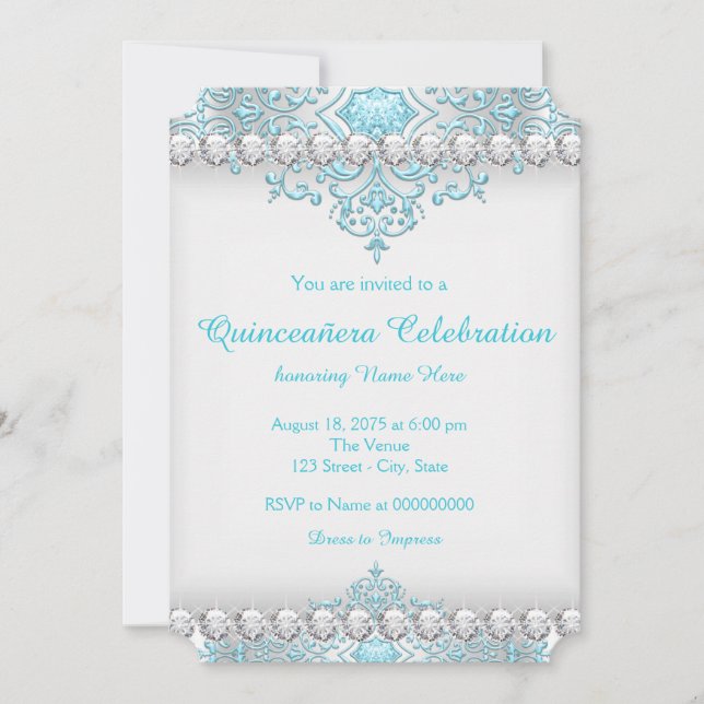 Convites Turquesa e Diamante de Prata Quinceanera (Frente)