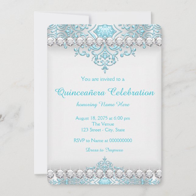 Convites Turquesa e Diamante de Prata Quinceanera (Frente)