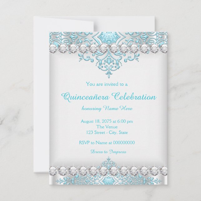 Convites Turquesa e Diamante de Prata Quinceanera (Frente)