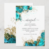 Turquesa e Dourado Aniversário Floral Vintage Shab