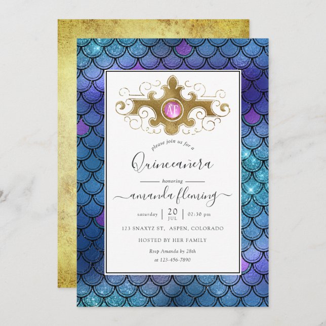 Convites Turquesa e Gemstone Dourado Quinceañera (Frente/Verso)