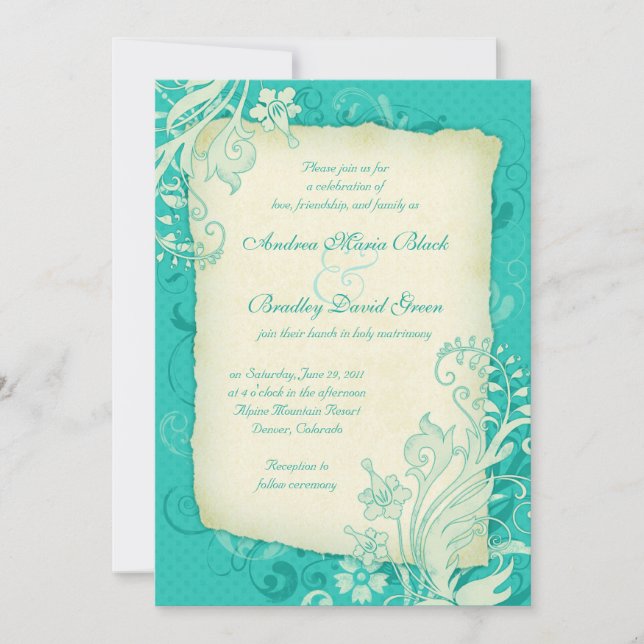 Convites Turquesa e Ivory Floral Invitation (Frente)