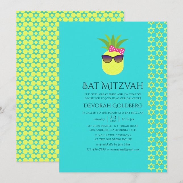 Convites Turquesa e Lemon Tropical Summer Bat Mitzvah (Frente/Verso)