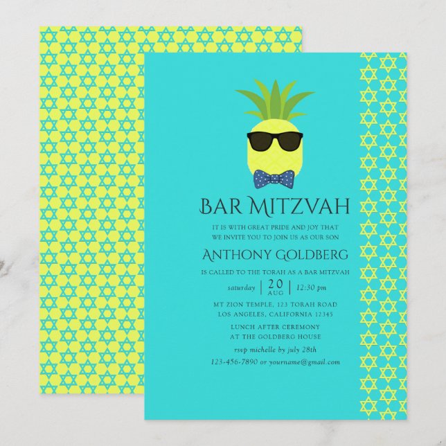 Convites Turquesa e Limão Bar Mitzvah Tropical de Verão (Frente/Verso)
