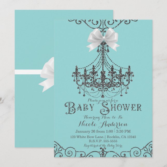 Convites Turquesa e Prata Arco Branco Chique Baby Shower (Frente/Verso)