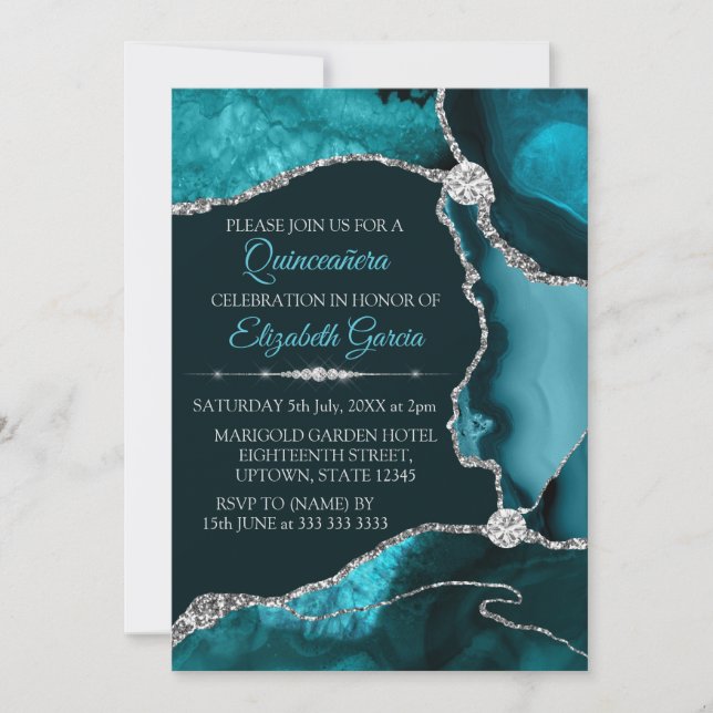 Convites Turquesa e Prata Glitter Agata Quinceanera (Frente)