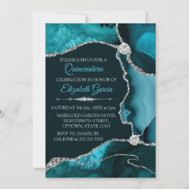 Convites Turquesa e Prata Glitter Agata Quinceanera