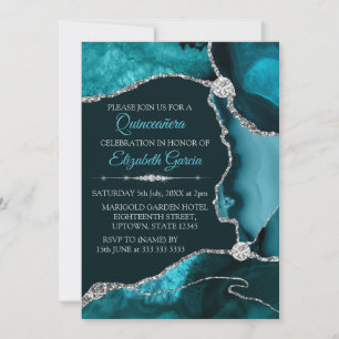Convites Turquesa e Prata Glitter Agata Quinceanera