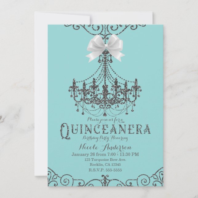 Convites Turquesa e Prata Laço Branco Quinceañera 15 15 Ano (Frente)