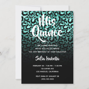 Convites Turquesa e Preto Glam Leopardo Ombre Mis Quince