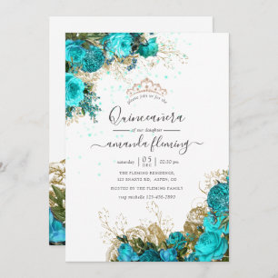 Convites Turquesa e Quinceañera Floral Dourada