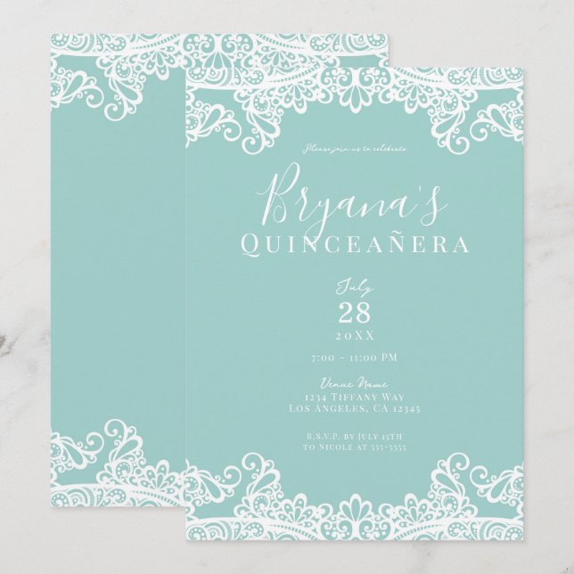 Convites Turquesa e Renda Branca Festa Elegante de Quinceañ (Frente/Verso)