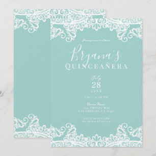 Convites Turquesa e Renda Branca Festa Elegante de Quinceañ