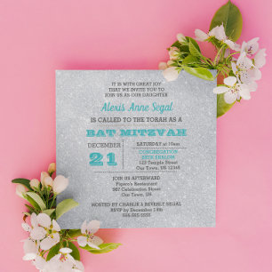 Convites Turquesa e Silver Glitter Glam Bat Mitzvah