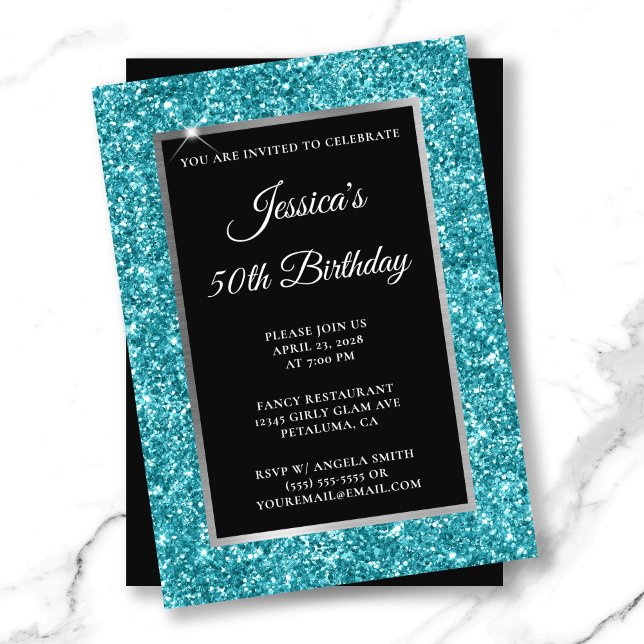Convites Turquesa Escura, Brilhante Negro 50º Aniversário (Dark Turquoise Glitter Black 50th Birthday Invitation)
