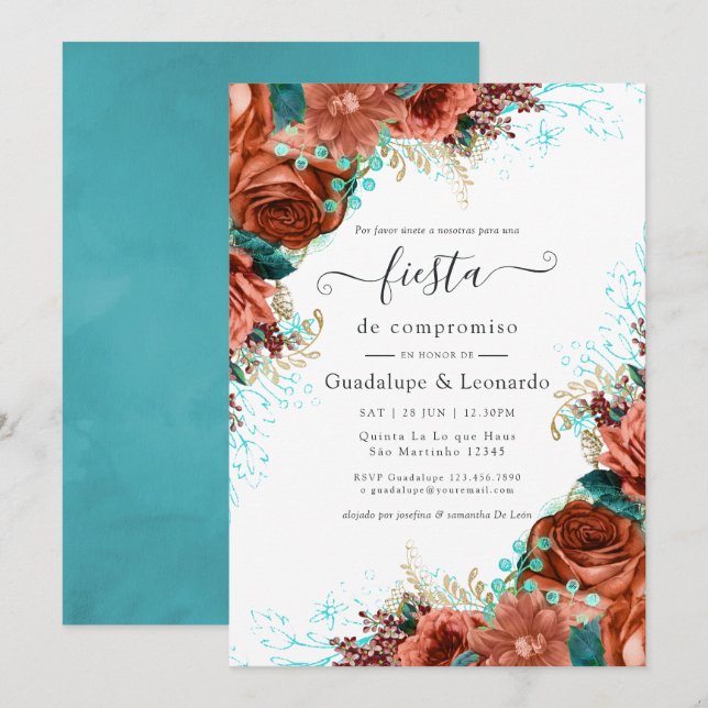 Convites Turquesa Espanhola & Coral Festa de Noivado Floral (Frente/Verso)