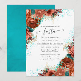 Convites Turquesa Espanhola & Coral Festa de Noivado Floral