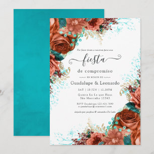 Convites Turquesa Espanhola & Coral Festa de Noivado Floral