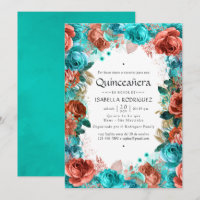 Turquesa Espanhola e Coral Floral Quinceañera