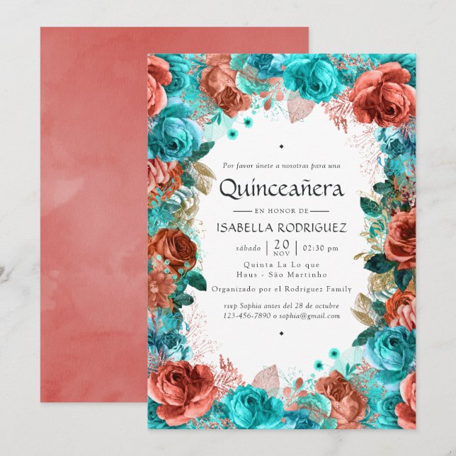 Convites Turquesa espanhola e Coral Floral Quinceañera Inv (Frente/Verso)