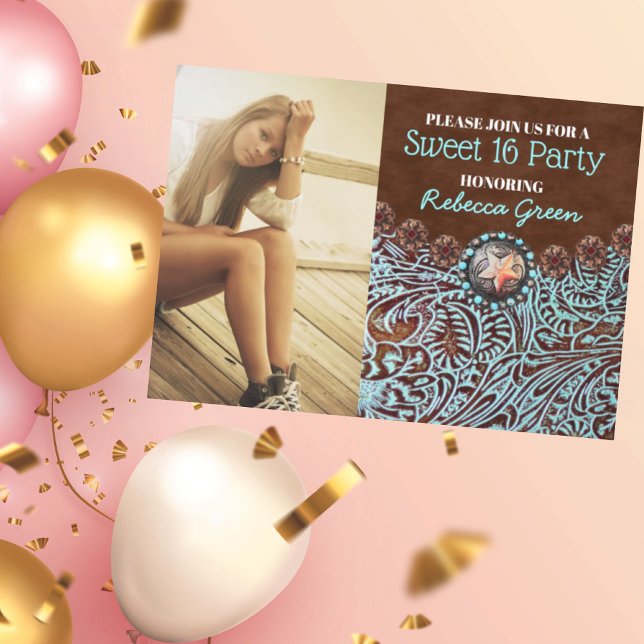 Convites turquesa — festa de aniversário 16 ocidental (turquoise country western sweet 16 birthday party invitation)