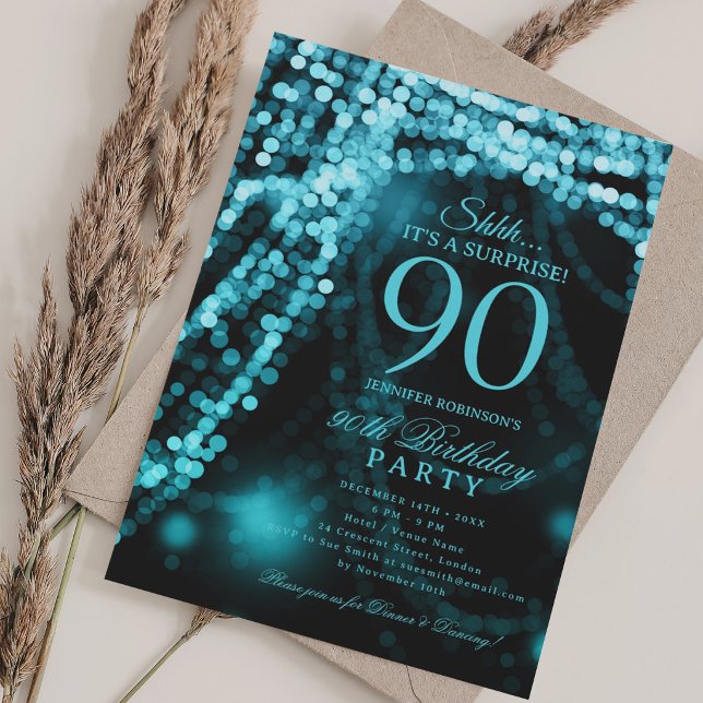 Convites Turquesa | Festa de Surpresa de 90 Anos  (Turquoise | Surprise 90th Birthday Party Invitation)