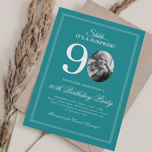 Convites Turquesa | Festa Surpresa de 90 Anos (Turquoise | Surprise 90th Birthday Party Invitation)
