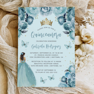 Convites Turquesa Floral Aquarela Princesa Quinceañera