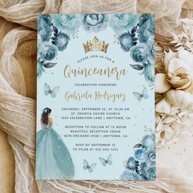 Convites Turquesa Floral Dourada Quinceañera em Aquarela (Criador carregado)