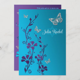 Convites Turquesa, Floral Roxo, Borboletas Bat Mitzvah