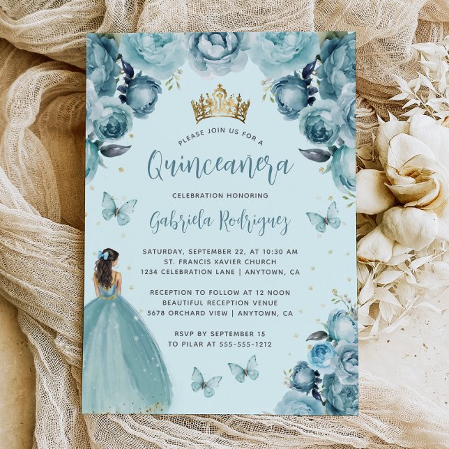 Convites Turquesa Floral Watercolor Princesa Quinceañera (Criador carregado)