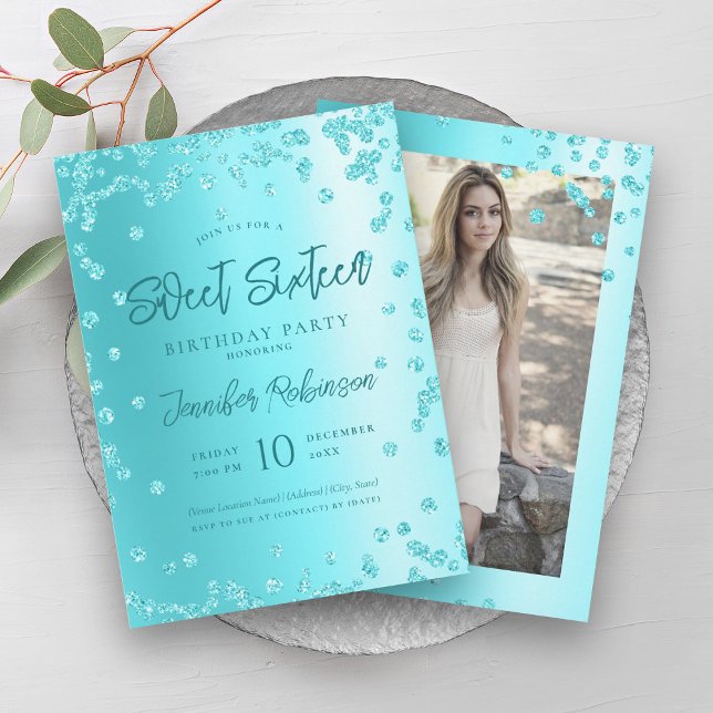Convites Turquesa Foto Glitter Chic Sweet 16 (Turquoise Chic Glitter Photo Sweet 16 Invitation)