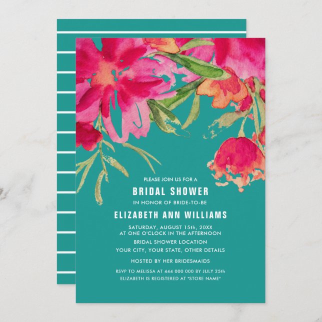 Convites Turquesa| Fuchsia Watercolor Chá de panela Floral (Frente/Verso)