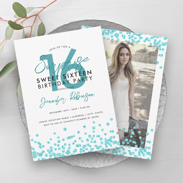 Convites Turquesa Glitter Confetti Surpresa Sweet 16 (Turquoise Glitter Confetti Surprise Sweet 16 Invitation)