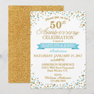 Convites Turquesa Glitter Dourado Pontos 50º Aniversário