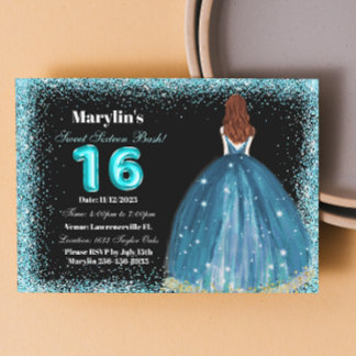 Convites Turquesa Glitter Princesa Extravaganza: Doce 16