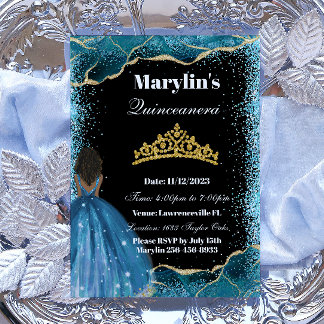 Convites Turquesa Glitter Princesa Quinceañera Tiara Magia