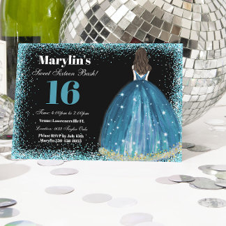 Convites Turquesa Glitter Princess Sweet 16 Ballgrown