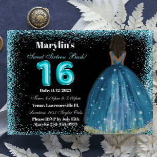 Convites Turquesa Glitter Princess Sweet 16 Foil Balon