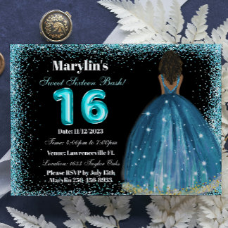 Convites Turquesa Glitter Princess Sweet 16 Foil Balon