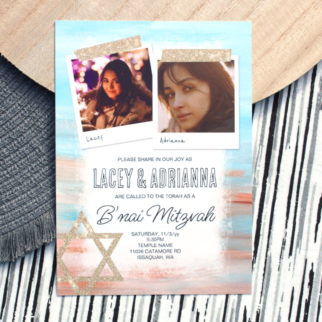 Convites Turquesa Leve, Beige Glitter B'nai Bat Mitzvah (Stylish Cyan, Sienna Beige Girl's B'nai Mitzvah Invitation. Bat Mitzvah Invitations with 2 photos)