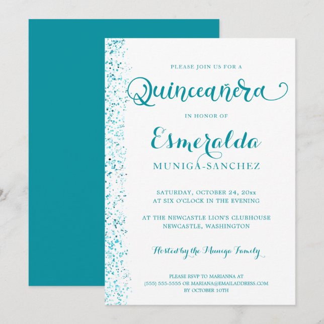 Convites Turquesa Moderna Silver Teal Sparkle Quinceanera (Frente/Verso)