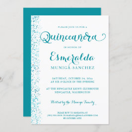 Convites Turquesa Moderna Silver Teal Sparkle Quinceanera