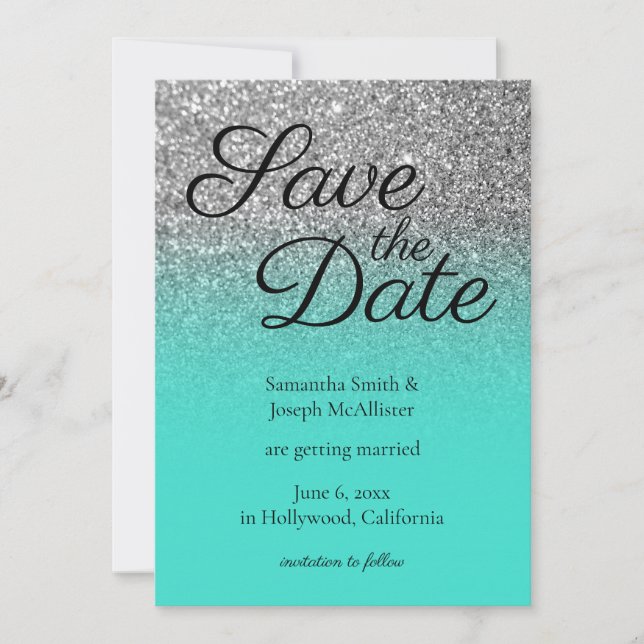 Convites Turquesa Ombre Prateado Glitter Save the Date (Frente)